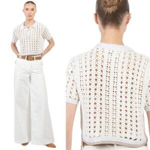 NWT Forte Forte Crocheted Cropped Knit Short Sleeve Polo Shirt Top White Size: 6